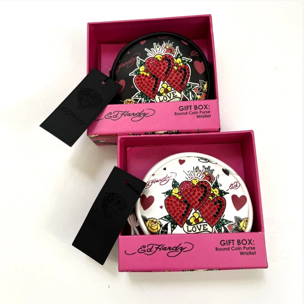 Ed Hardy 2pc Coin Purse Wristlet Set Heart Rhinestone  Tattoo Black White NWT - Picture 2 of 6